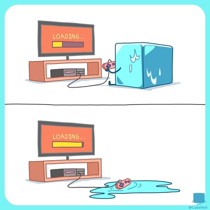 Comic illustration of an ice cube melting while playing video games, depicting struggles of an ice cube artist.
