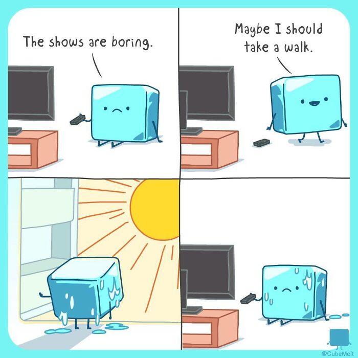 Comic strip of an ice cube struggling with boredom and melting in the sun, illustrating ice cube struggles.