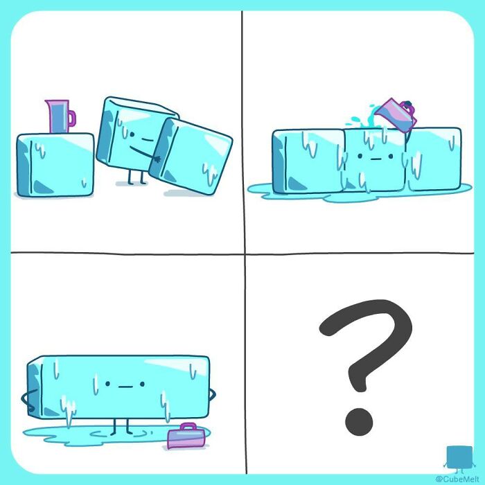 Comic panels showing the struggles of an ice cube melting, with expressive animated ice cubes in various states.
