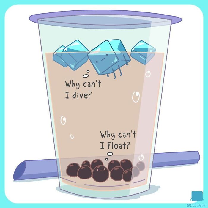 Illustration of an ice cube and boba pearls in a drink, showing the struggles of an ice cube in a comic style.
