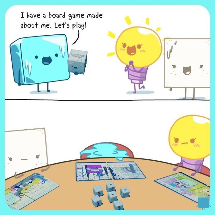 Cartoon comics showing an ice cube and friends playing a board game about the struggles of an ice cube.