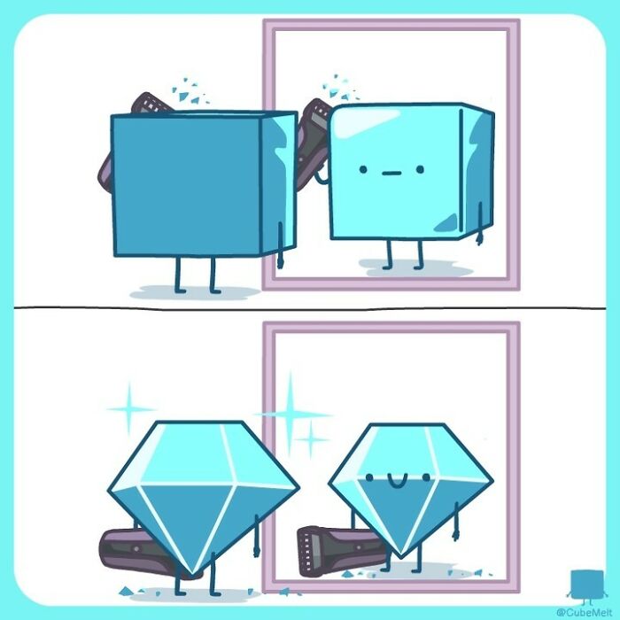 Comic depicting the struggles of an ice cube transforming in front of a mirror into sparkling diamonds.