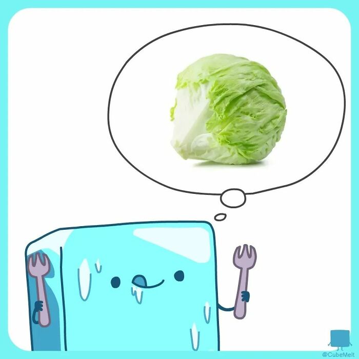 Cartoon ice cube holding forks and thinking about a head of lettuce in a colorful comic illustration.