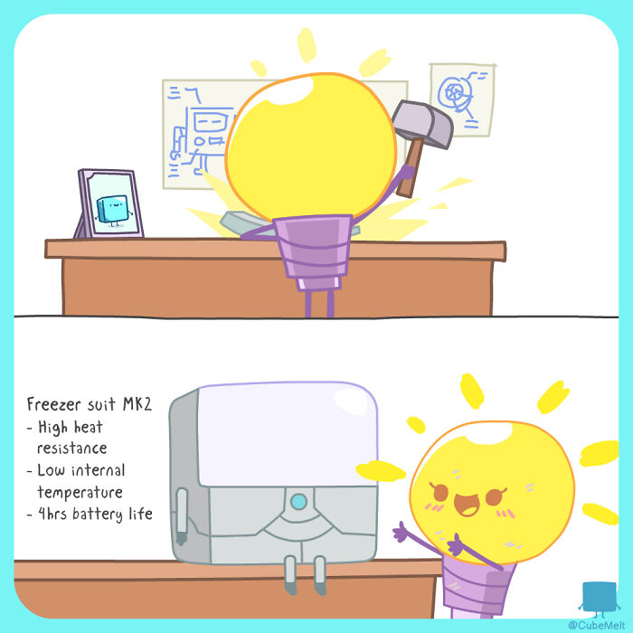 Cartoon light bulb character crafting freezer suit with hammer, inspired by struggles of an ice cube.