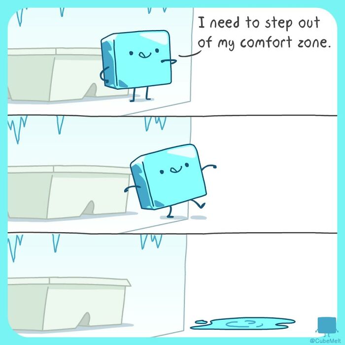 Comic strip featuring an ice cube struggling with stepping out of its comfort zone in a humorous illustration.