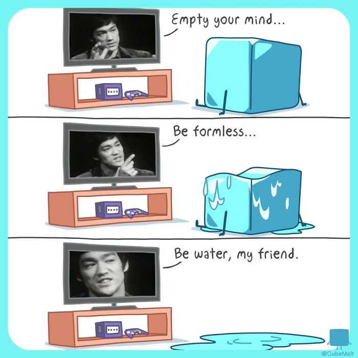 Comic strip showing an ice cube melting while watching a martial artist on TV, illustrating struggles of an ice cube.