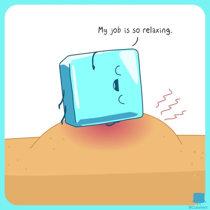 Cartoon of an ice cube relaxing on a hot surface, highlighting the struggles of an ice cube in a humorous comic style.