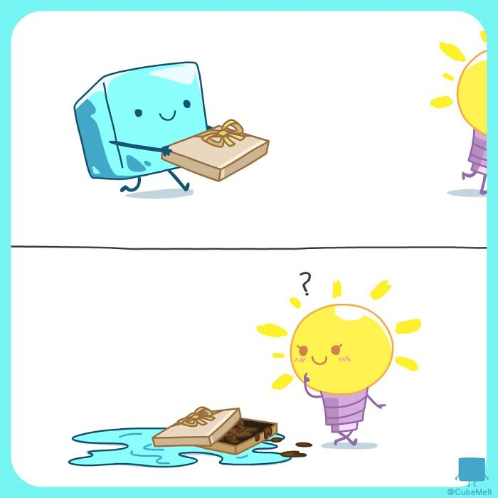 Cute comic of an ice cube struggling as it melts and the lightbulb reacts, illustrating ice cube struggles in comics.