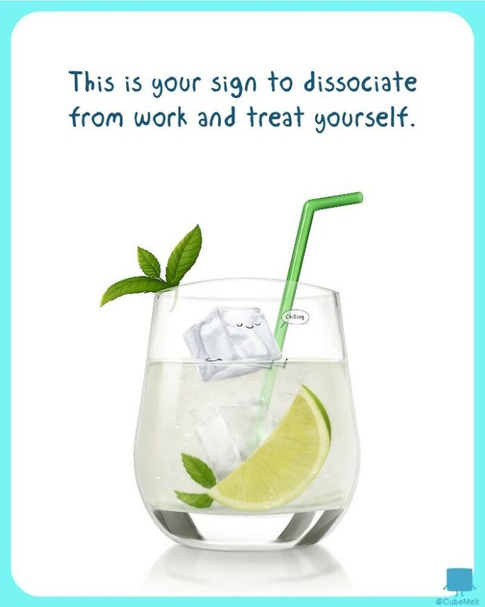 Comic illustration of an ice cube relaxing in a glass with lime and mint, depicting struggles of an ice cube.