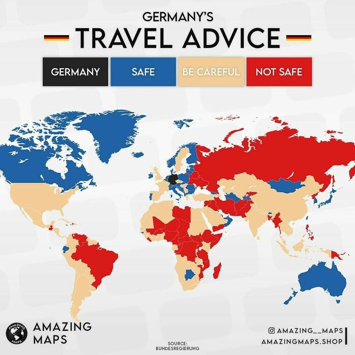 Map showing Germany's travel advice categorizing countries as safe, be careful, or not safe based on German travel guidelines.