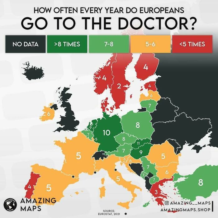 Map showing how often Europeans visit the doctor yearly, highlighting variations across countries with data from Eurostat 2021.