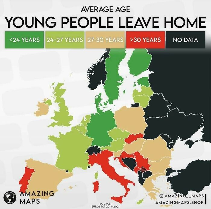 Map showing average age when young people leave home across Europe with color-coded age ranges from amazing maps collection.