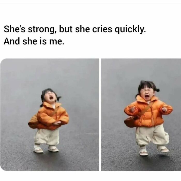 Toddler in an orange jacket crying on the street, capturing emotions in funny memes about not taking life too seriously.