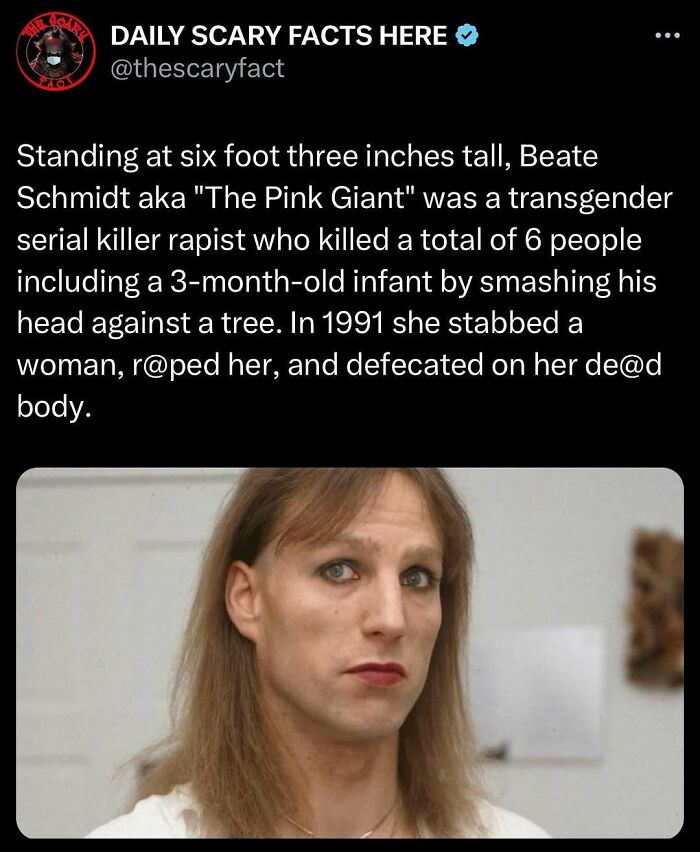 Profile post about a transgender serial killer with disturbing crimes, shared by Daily Scary Facts account.