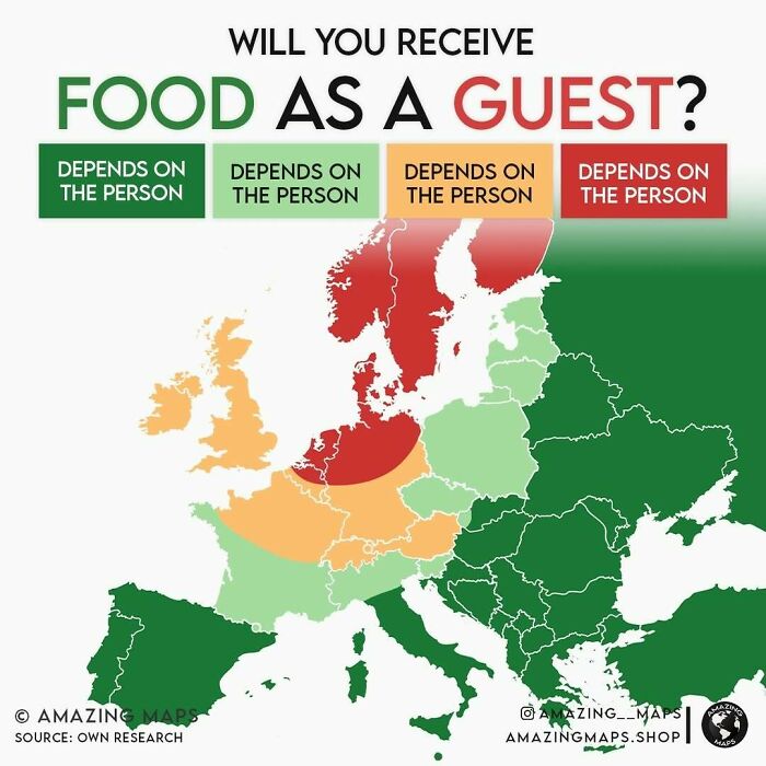 Map showing likelihood of receiving food as a guest in Europe, part of amazing maps that change how you see the world.