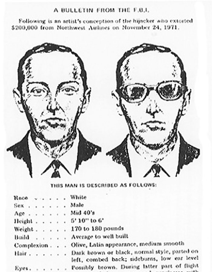 FBI artist's sketches and description of DB Cooper, highlighting decades of FBI dead ends in the case investigation.