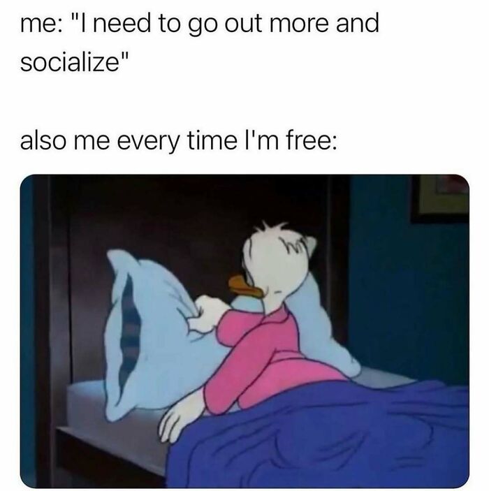 Cartoon of a duck in pajamas hiding face in pillow, a funny meme reminding not to take life too seriously.