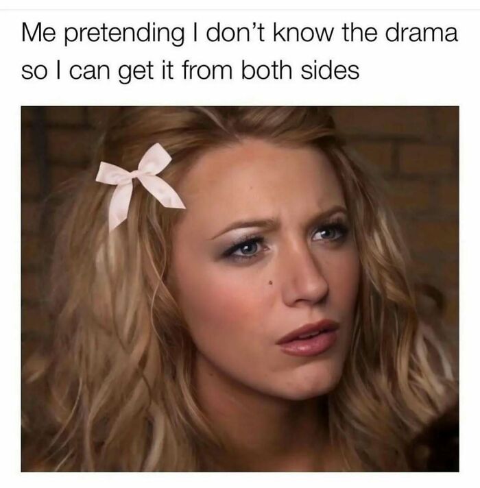 Woman with a confused expression and a hair bow, captioned as a funny meme about drama, reflecting humor and life simplicity.