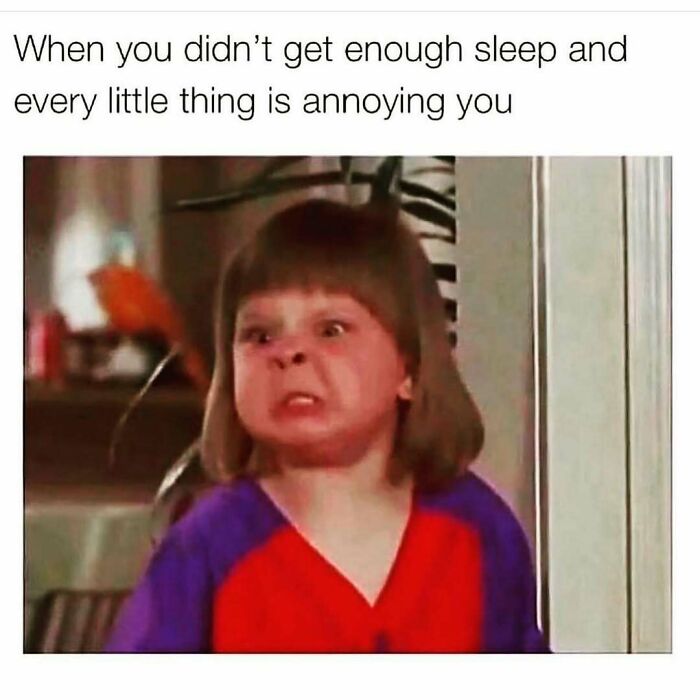 Frustrated child making an angry face expressing how lack of sleep can make life annoyances harder to handle funny meme.