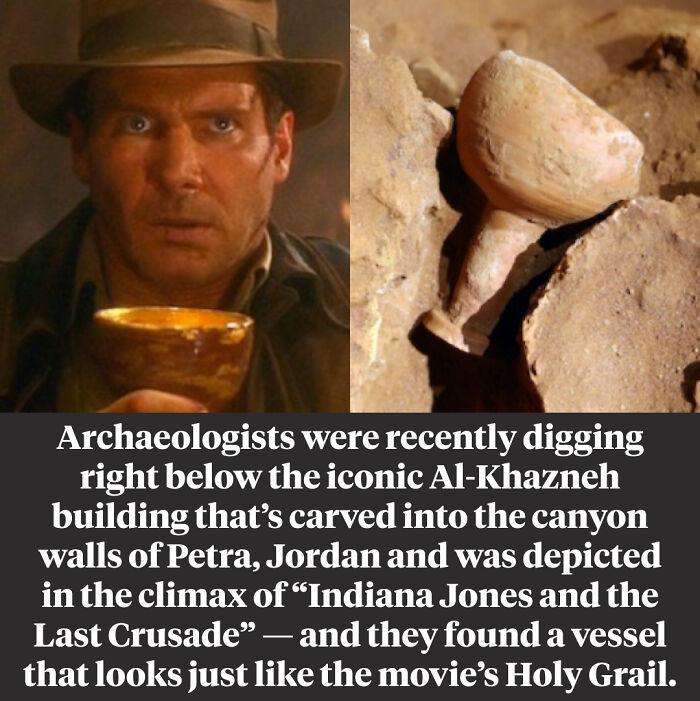 Split image showing Indiana Jones holding a cup and an archaeological vessel found near Petra, Jordan, surprising facts revealed.