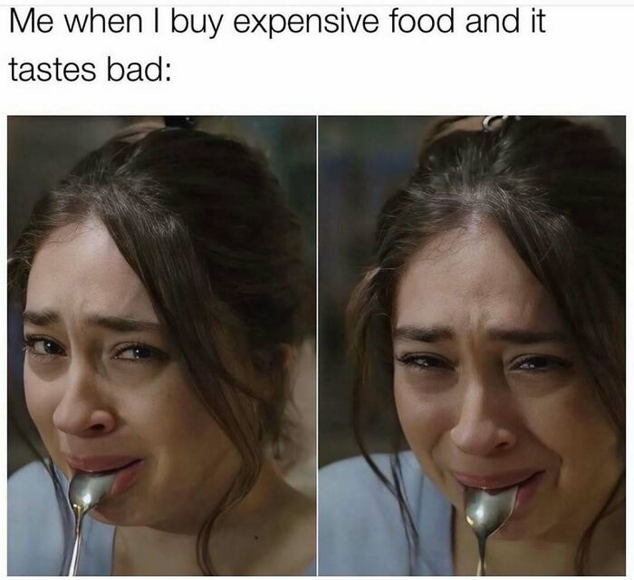 Woman making a funny face while tasting bad expensive food, a relatable moment in funny memes about not taking life seriously.