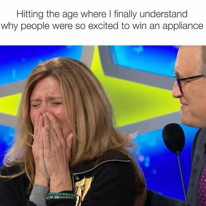 Middle-aged woman emotional while winning an appliance, a relatable moment in 30s memes about everyday excitement.