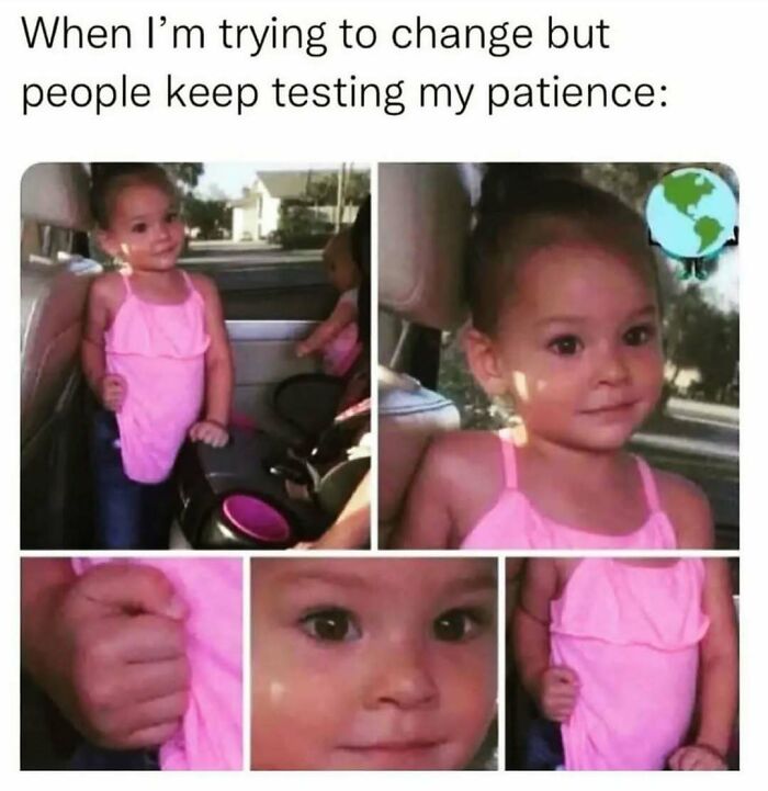 Toddler in a pink dress showing a mix of patience and frustration in a funny meme about not taking life too seriously.