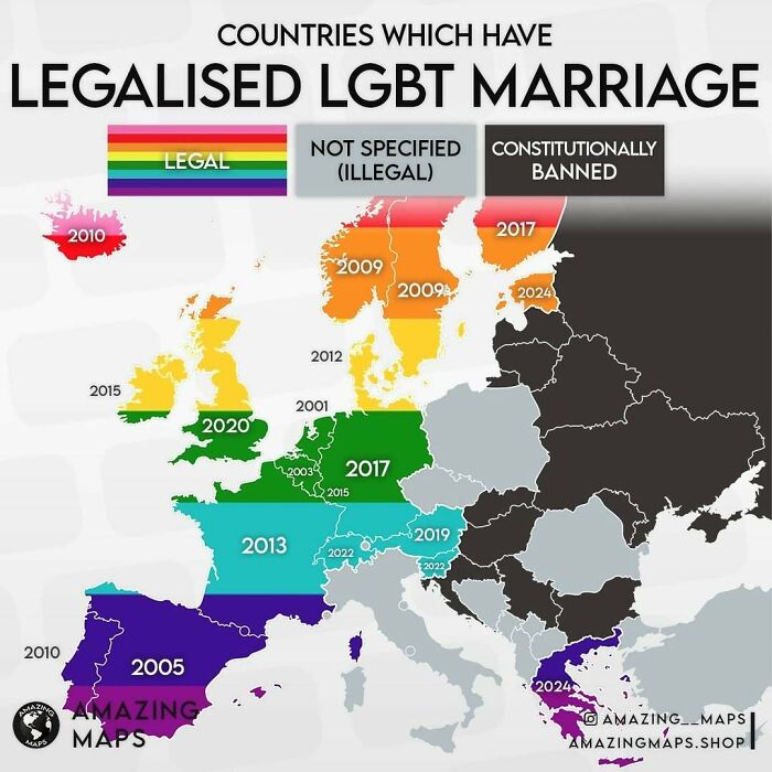 Map showing countries in Europe that have legalized LGBT marriage, categorized by legal status and year of legalization.