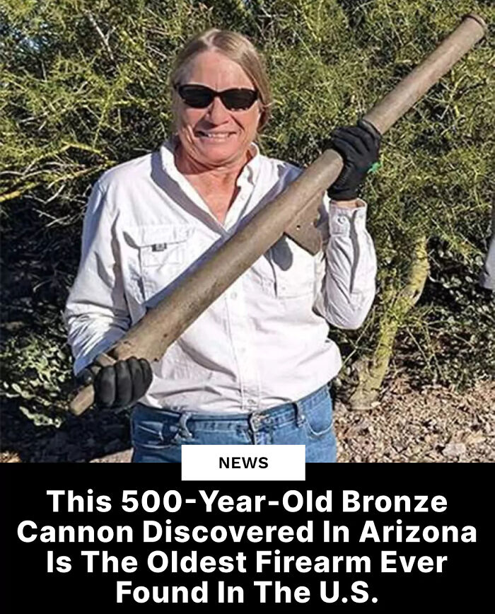 Person holding a 500-year-old bronze cannon discovered in Arizona, showcasing surprising historical facts.