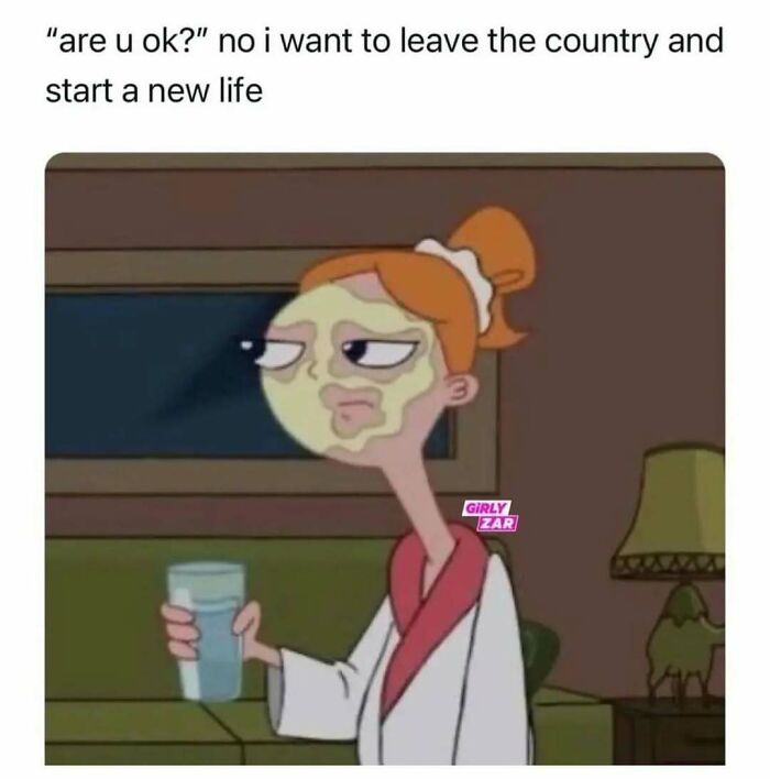 Woman with a face mask holding a glass of water, funny meme reminding not to take life too seriously.