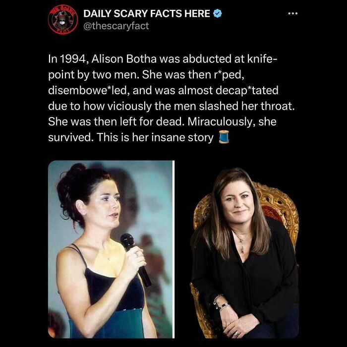 Two photos of a woman before and after surviving a brutal attack, illustrating a scary fact from Daily Scary Facts.