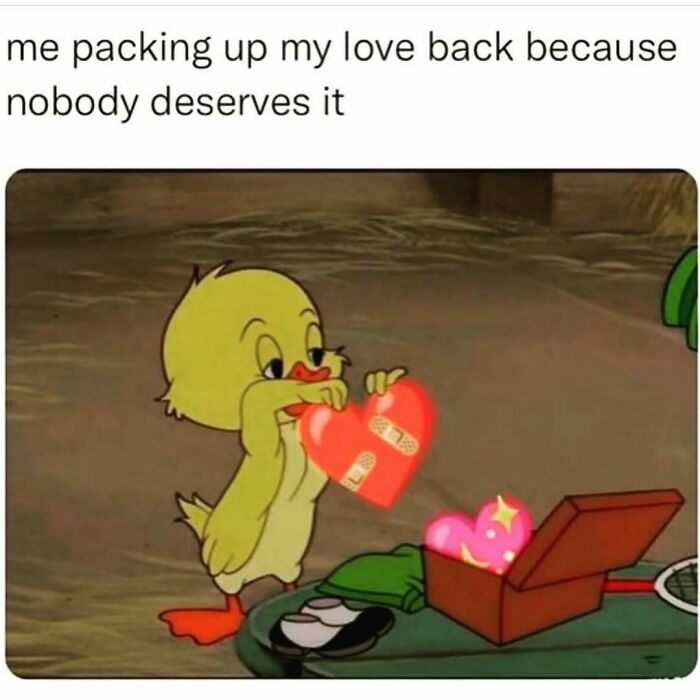Cartoon duck packing a broken heart with bandages into a box, illustrating funny memes about not taking life too seriously.