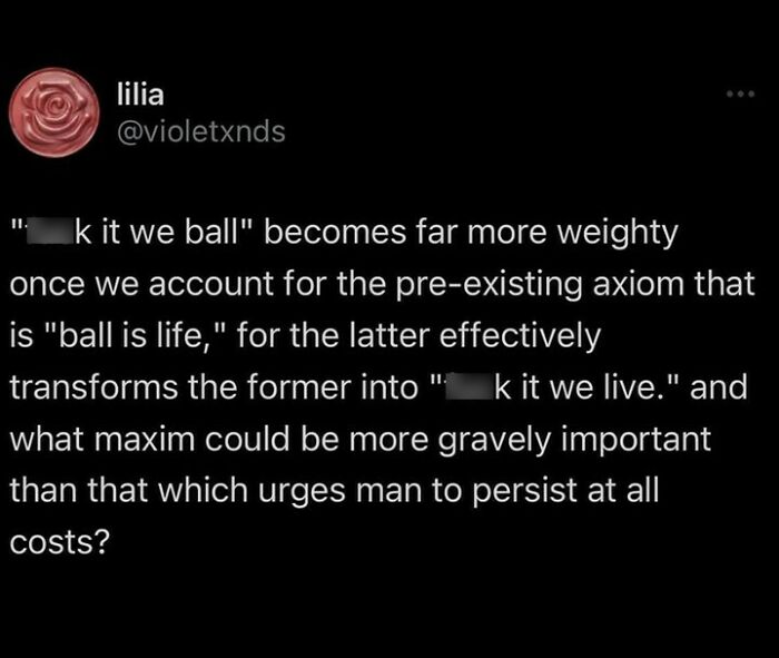 Text meme discussing the phrase "ball is life" with a nihilistic twist, related to casual nihilism memes.