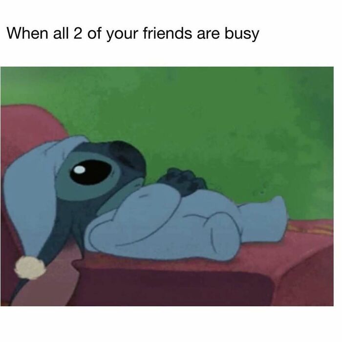Cute character lying down looking bored, a funny meme illustrating feeling alone when friends are busy, funny memes keyword included.