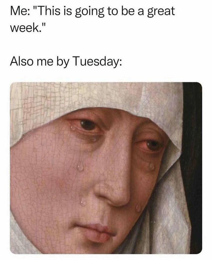 A close-up of a crying woman from classical art paired with a funny meme about not taking life too seriously.