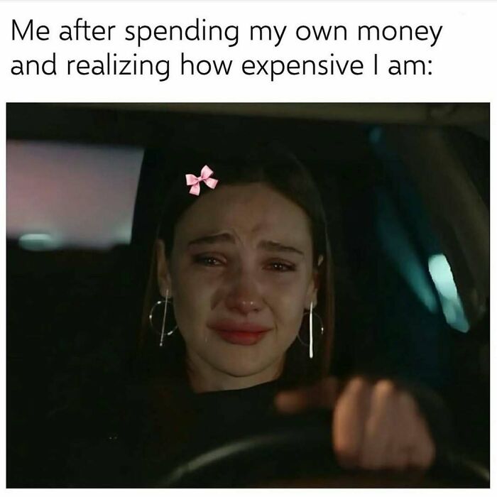 Woman with a pink bow crying while driving, relatable meme about realizing how expensive life can be, funny memes concept.