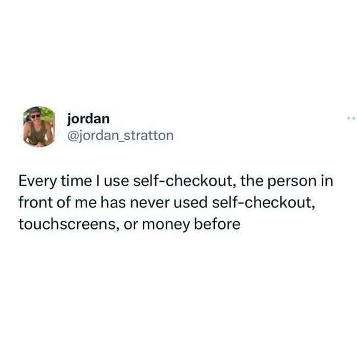 Tweet meme about the frustrations of using self-checkout, relatable to anyone around 30 years old.