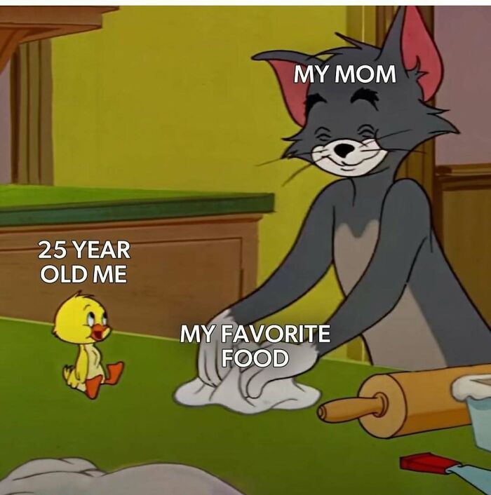 Tom and Jerry meme with Tom labeled as mom, cleaning favorite food, while little duck represents 25 year old me, funny memes theme.