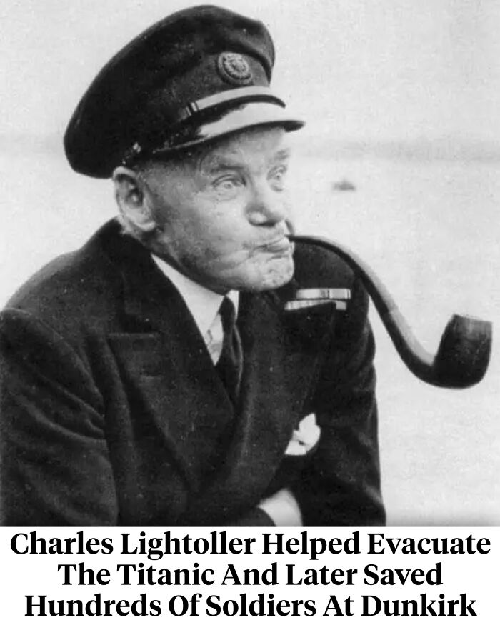 Black and white photo of Charles Lightoller in uniform smoking a pipe, related to interesting facts about historical rescues.