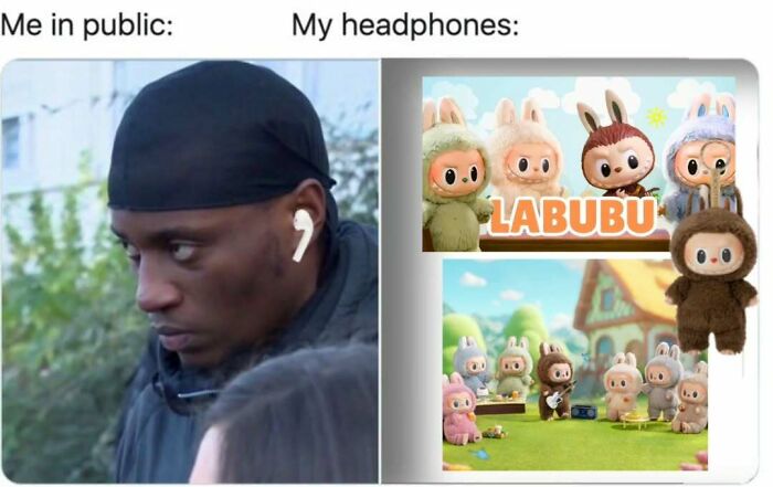 Man wearing headphones in public juxtaposed with images of Labubu doll characters featured in popular memes online.