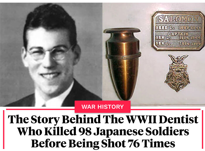 Black and white photo of WWII dentist with war relics, highlighting surprising war history facts and soldier stories.