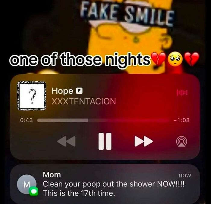 Meme showing fake smile caption with sad song playing and a mom's text demanding shower cleaning in nerdy and weird meme style.