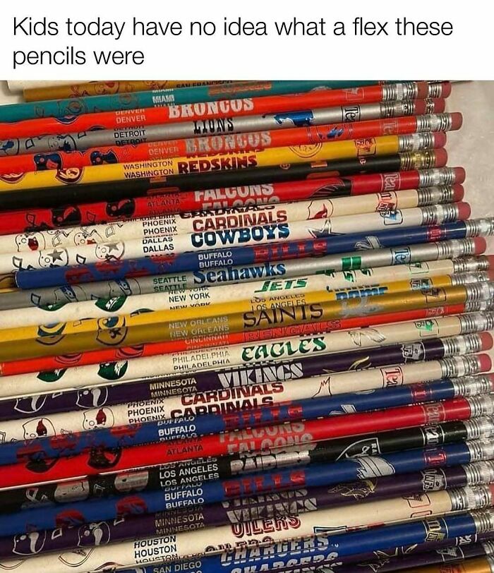 Vintage sports team pencils arranged together, evoking nostalgia for those who grew up with Tamagotchis and VHS tapes.