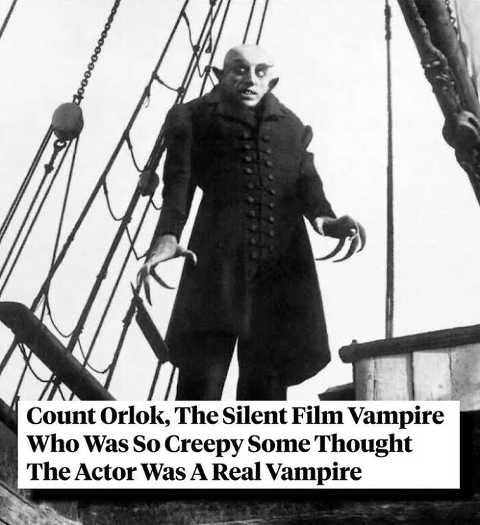 Black and white image of Count Orlok from a silent film, showcasing creepy vampire character and interesting facts.