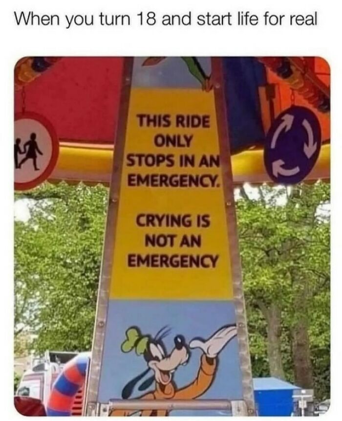 Amusement park sign with casual nihilism meme about adulthood and emergencies, featuring Goofy illustration.