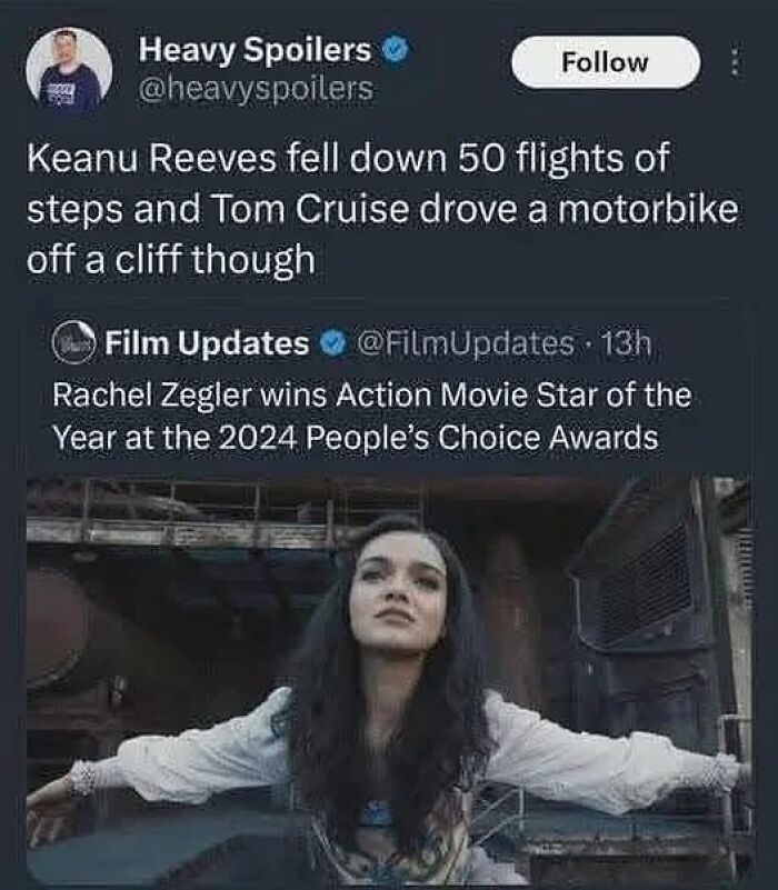 Tweet about Keanu Reeves and Tom Cruise stunts paired with award news, a funny meme cinephiles might appreciate.