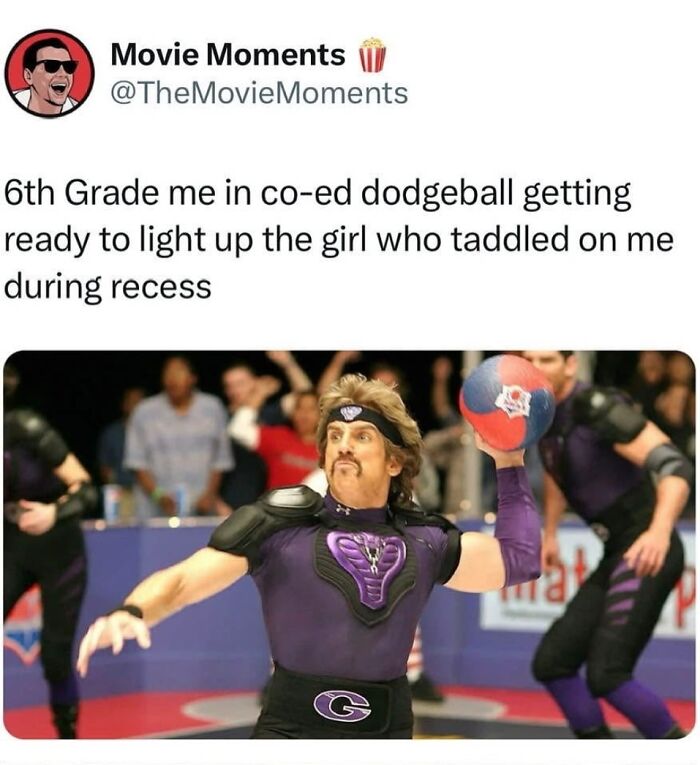 Meme showing a dodgeball player ready to throw, humorous content for cinephiles and movie moments fans.