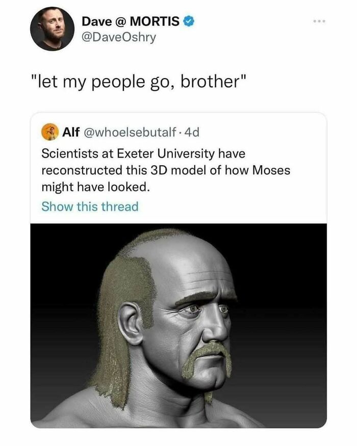 Tweet showing a 3D model of Moses with long hair and mustache, shared in a collection of hilarious memes for cinephiles.