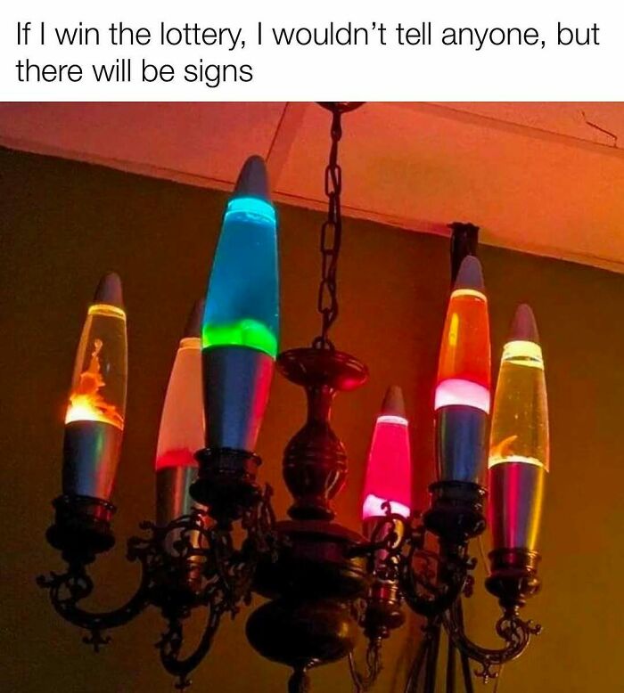Chandelier made of colorful lava lamps, nostalgic meme referencing childhood memories with Tamagotchis and VHS tapes.