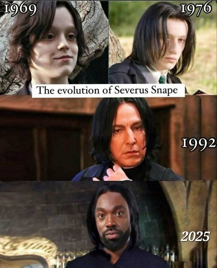 Four images showing the evolution of Severus Snape character from 1969 to 2025 for cinephiles meme humor.